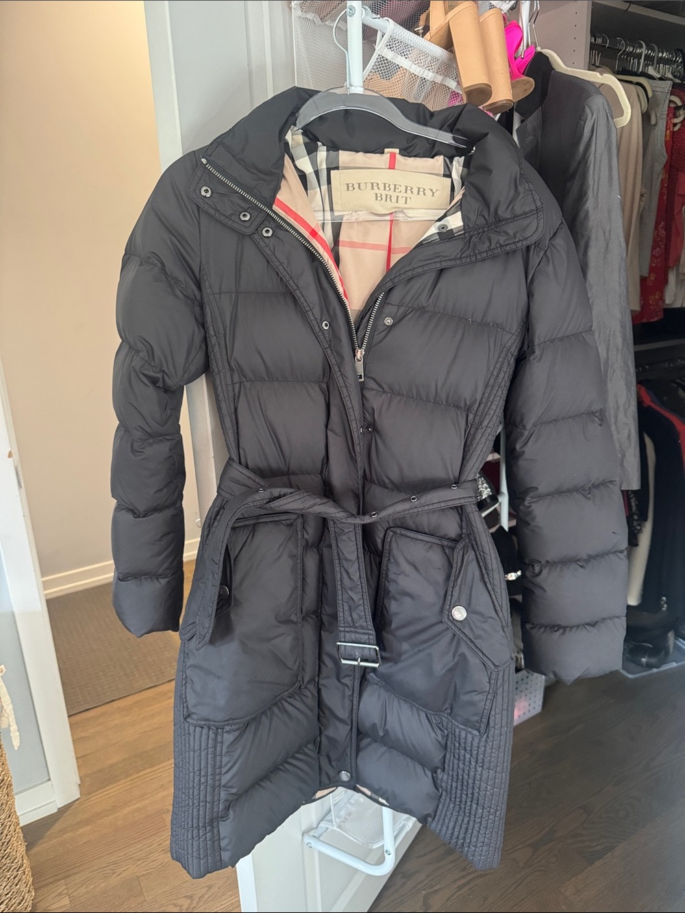 Burberry Brit Black Quilted Belted Down Puffer Coat with Check Lining and Hood